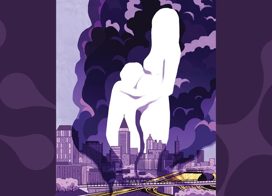 an illustration showing a pregnant woman holding a child with the atlanta cityscape and busy highway below them.