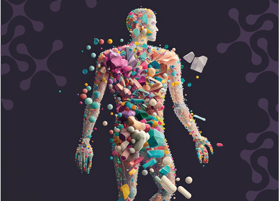 an illustration showing a human form full of abstract plastic molecules.