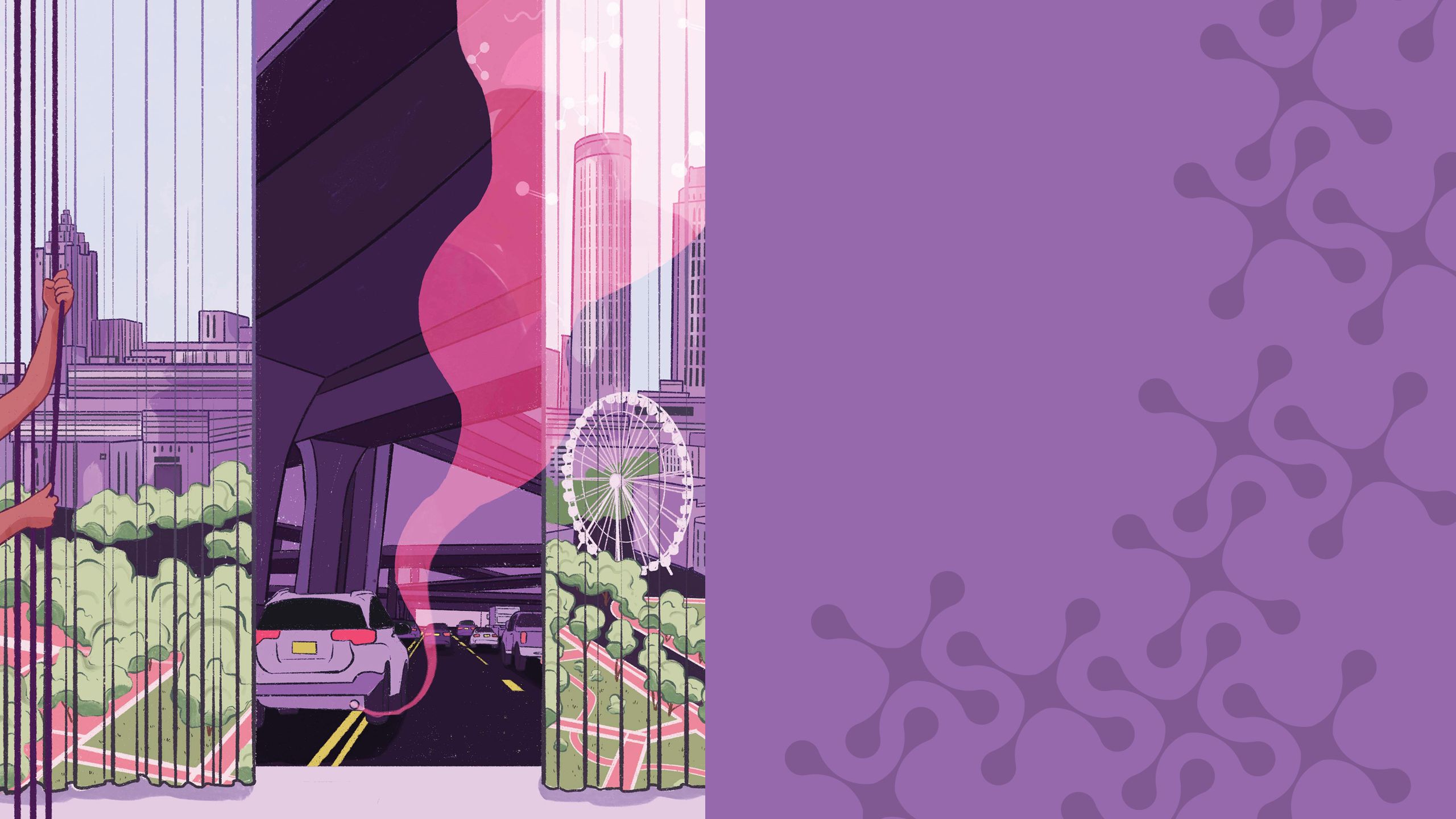 an illustration that shows a arm pulling on huge curtains with the atlanta cityscape being pulled open showing a congested highway with hidden chemicals coming out of the car pipes.