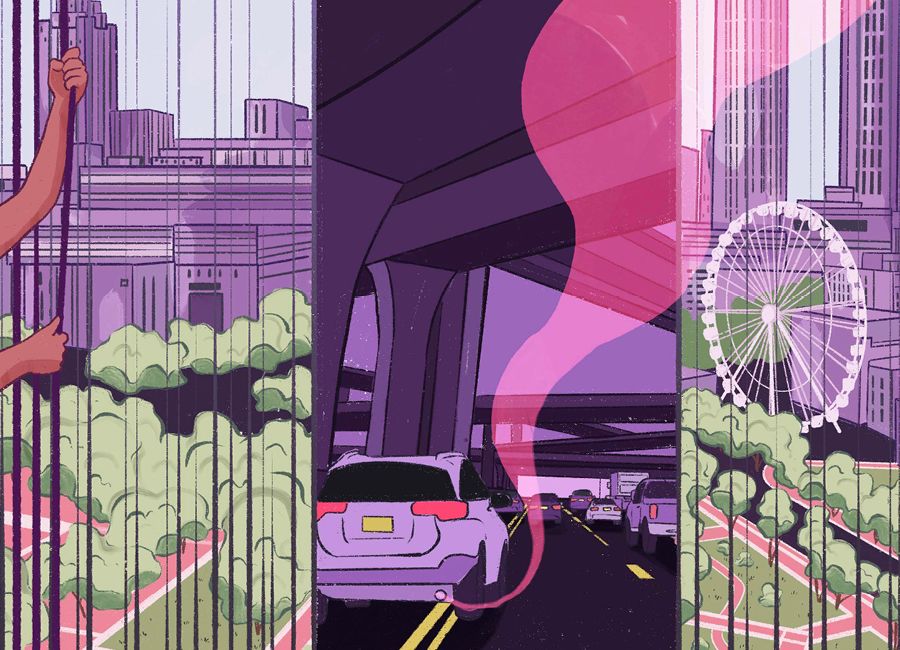 an illustration that shows a arm pulling on huge curtains with the atlanta cityscape being pulled open showing a congested highway with hidden chemicals coming out of the car pipes.
