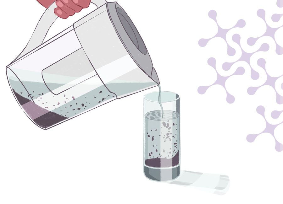 an illustration of a hand pouring water that is filled with micro plastic into a tall glass.