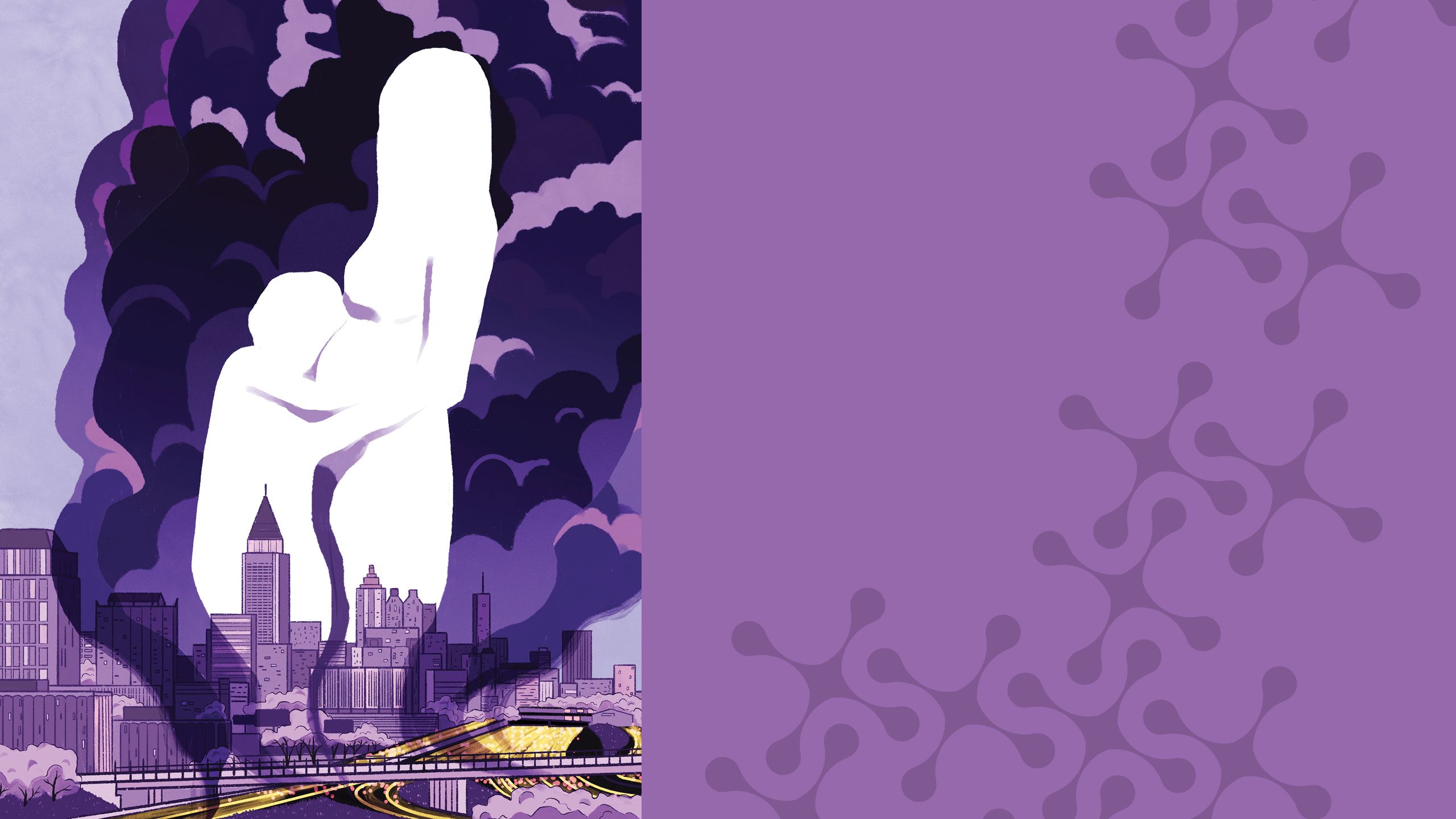 an illustration showing a pregnant woman holding a child with the atlanta cityscape and busy highway below them.