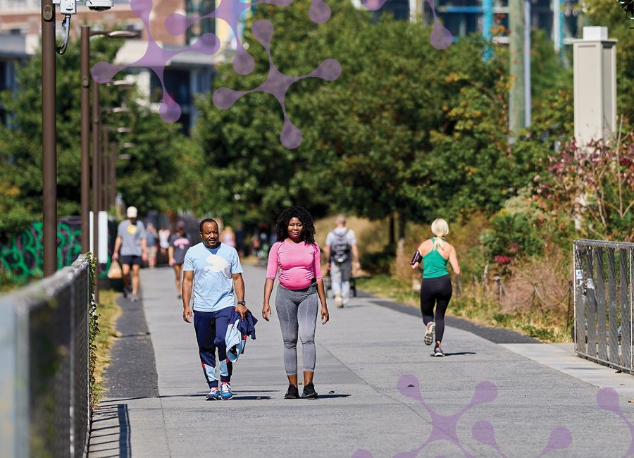 an urban park with people working out.