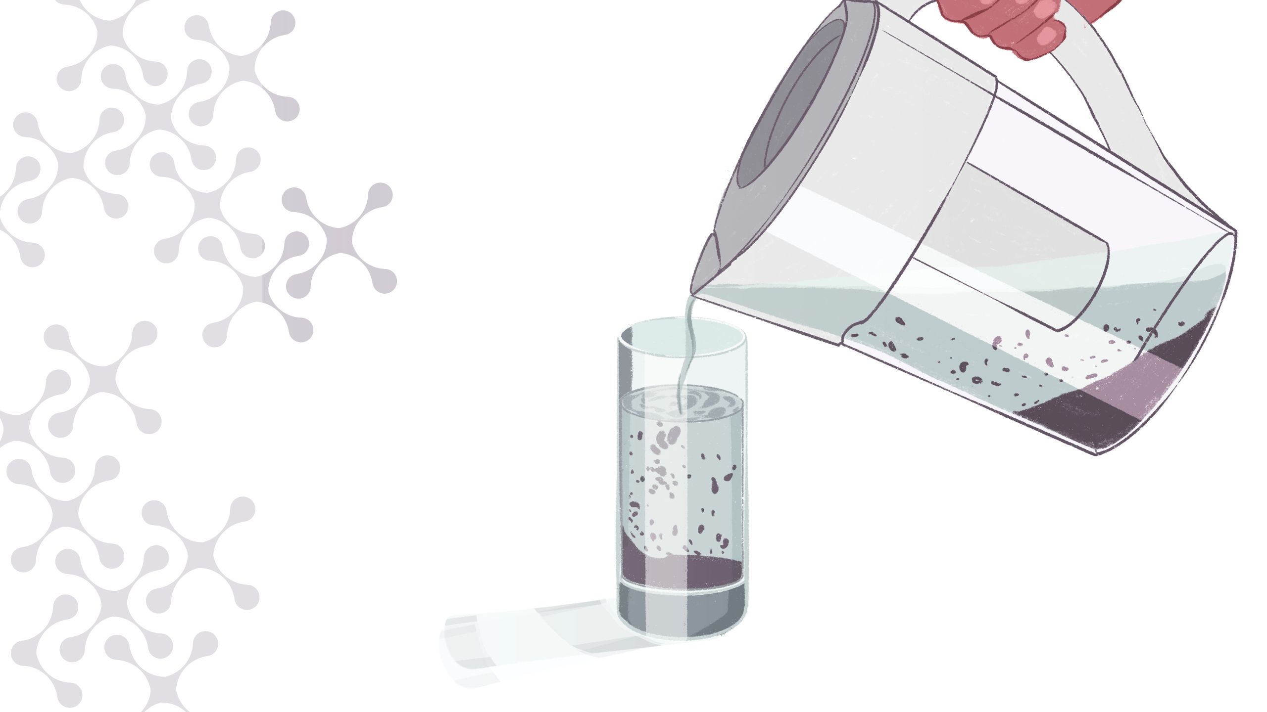 an illustration of a hand pouring water that is filled with micro plastic into a tall glass.