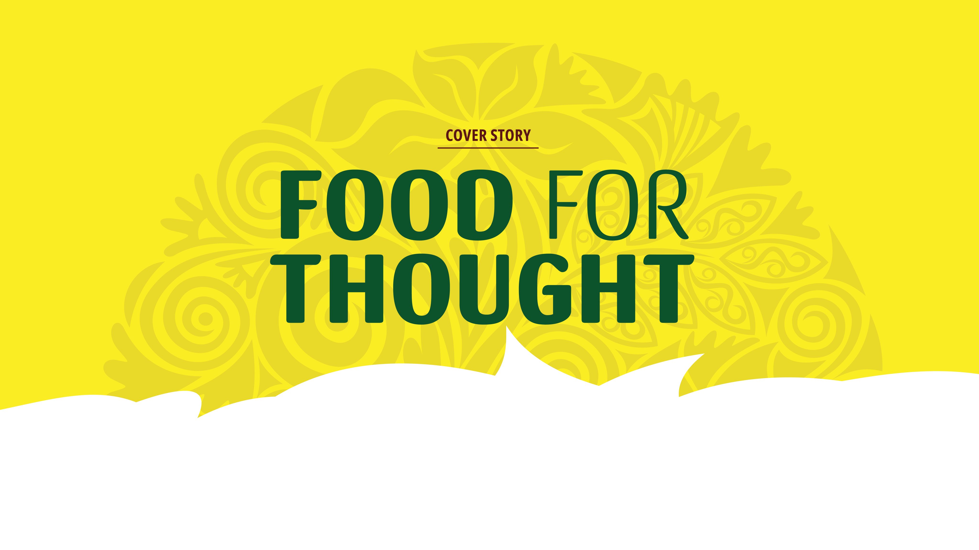 A bright yellow floral abstract background pattern with the title Food for Thought.