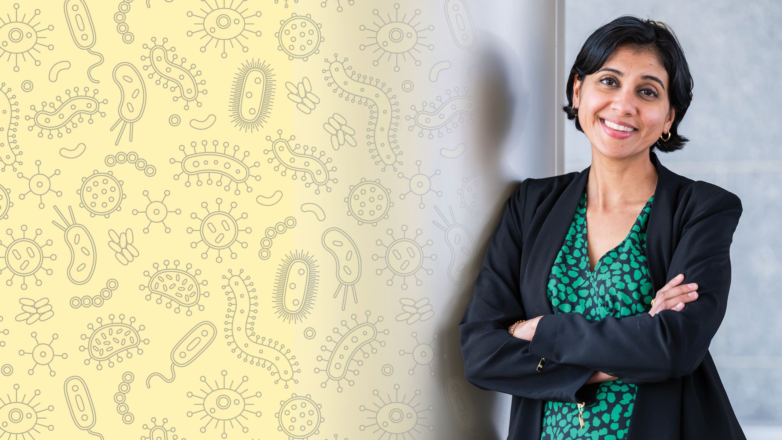 a photo illustration of maya nadimpalli. on the left is an abstract pattern of bacterias and on the right is maya with her arms crossed smiling at the camera.