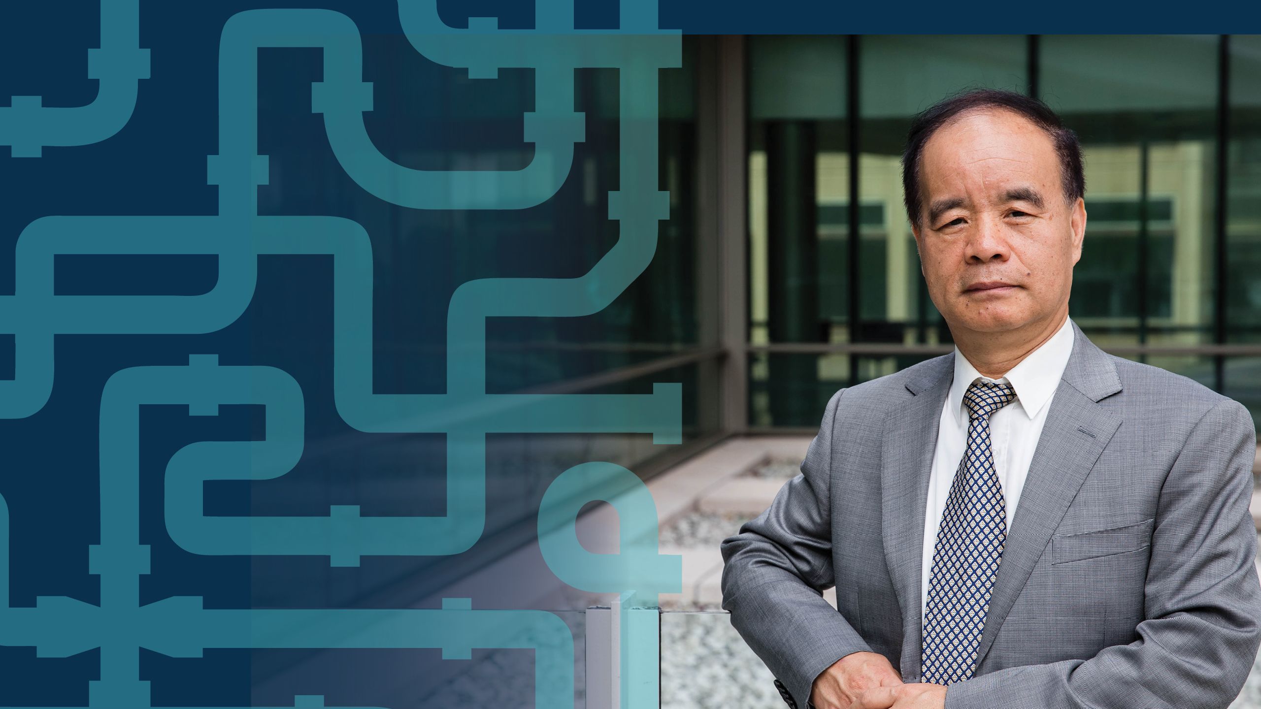 a background photo illustartion of pengbo liu on the left is an illustration of a water pipe pattern and on the right is a portrait of liu looking serious at the camera and standing in front of a glass building.