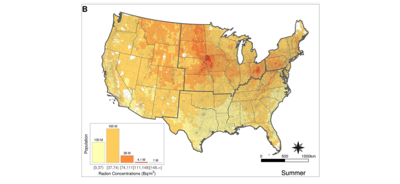 A map of community-level radon concentrations in the summer.