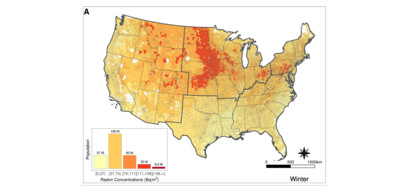 A map of community-level radon concentrations in the winter.