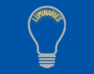 Lightbulb outline with word "luminaries" on a blue background