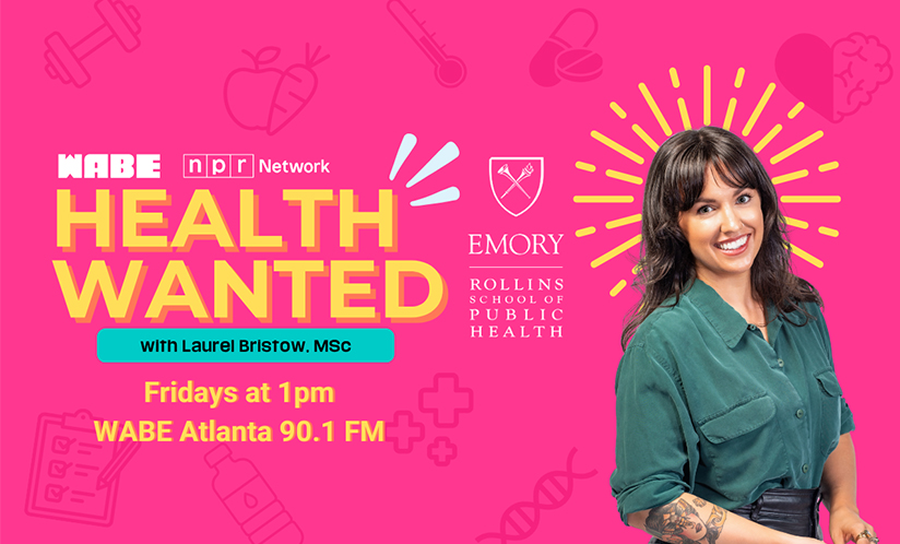 Bright pink background with picture of Laurel Bristow and text promoting Health Wanter podcast