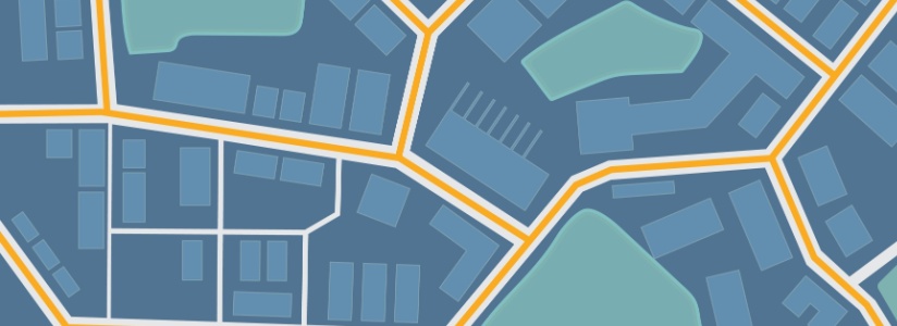 A multicolor illustrated map showing roads and waterways.