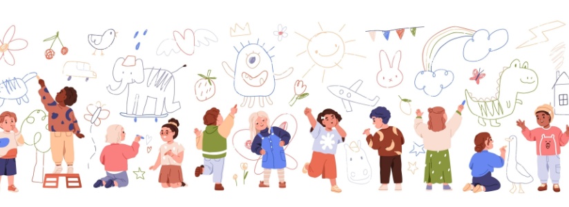 An illustration of children playing and drawing pictures.