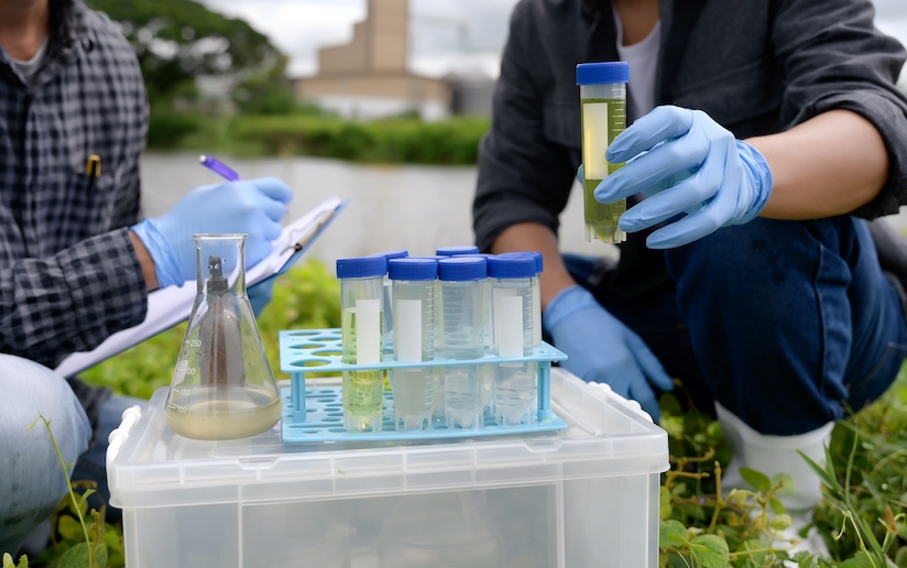 Environmental scientists testing water by a pond