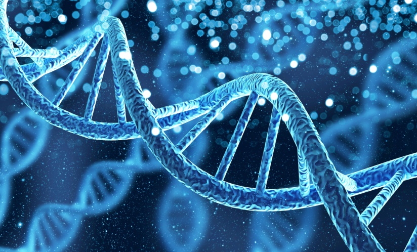 A blue double helix DNA segment on a blue background