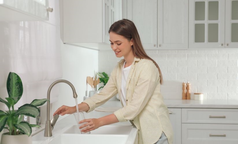 A woman filling a cup with water