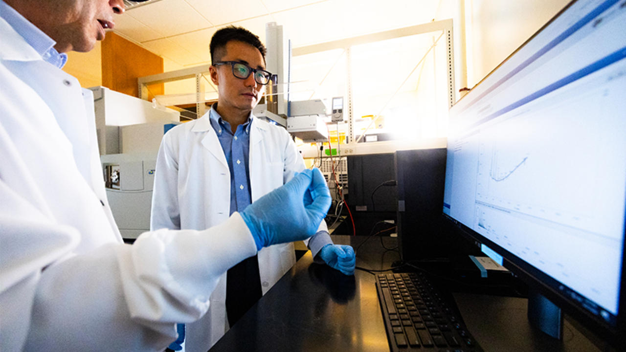 Two male researchers looking at computer