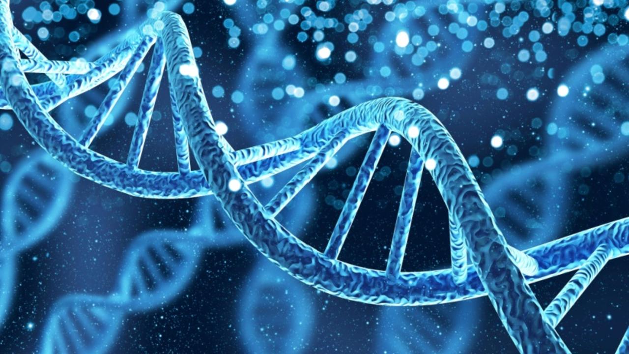 A blue double helix DNA segment on a blue background